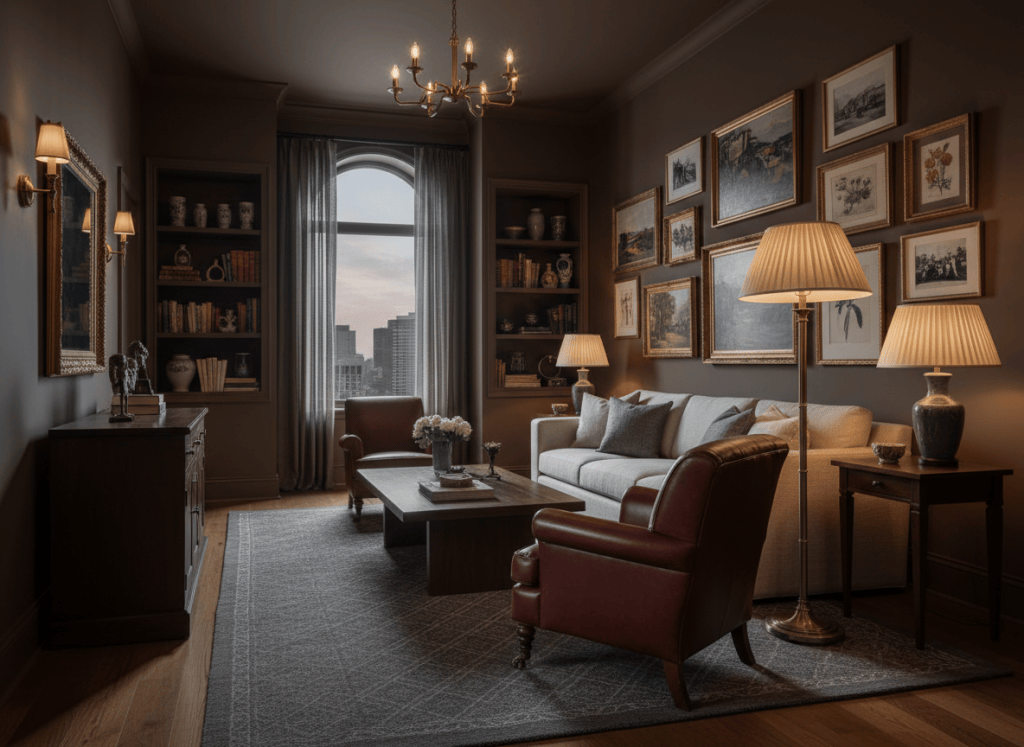 Dark luxury living room with warm layered lighting, rich materials and an intentional collected look.