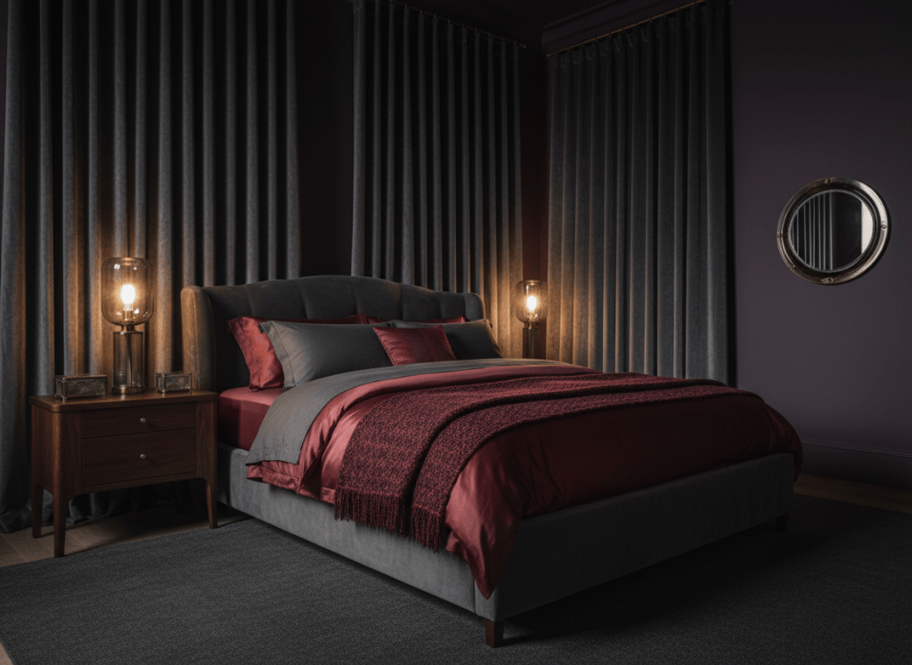 Dark luxury bedroom with aubergine walls, layered bedding and warm bedside lighting.