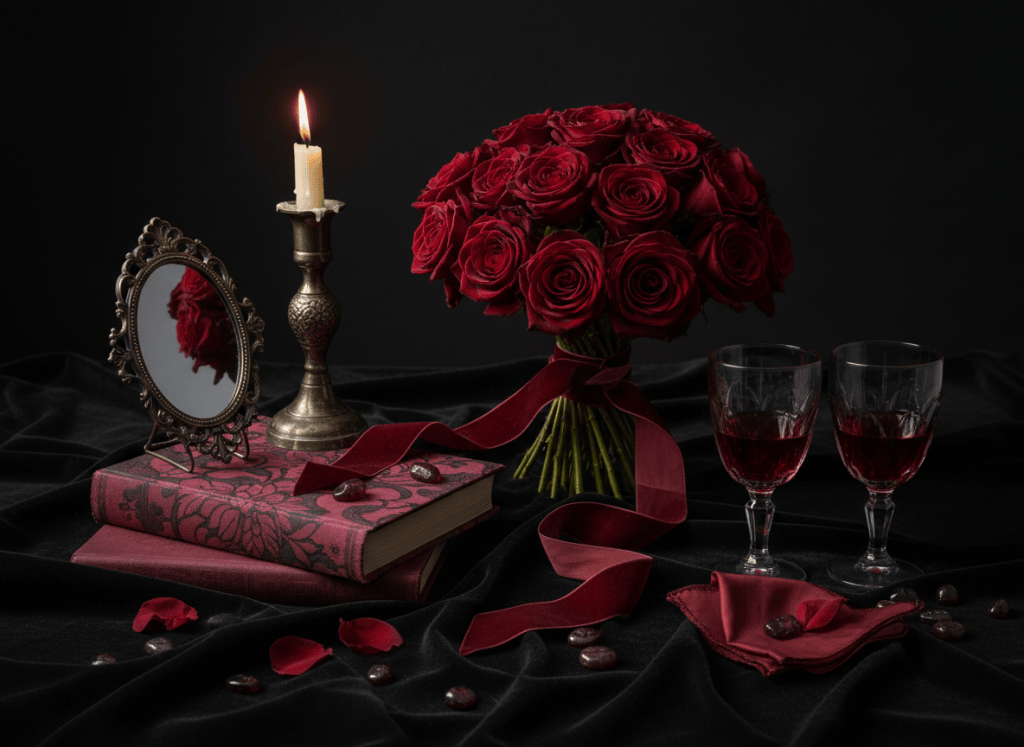 Dark romance gifts arranged on black velvet with roses, books, brass and candlelight.