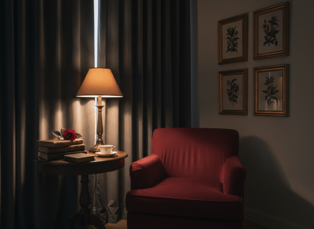 Dark romance reading corner with a wine velvet chair, books and warm lamplight.