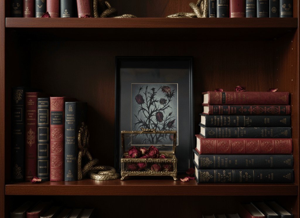 Dark romance bookshelf with books, brass accents, dried roses and smoked glass.