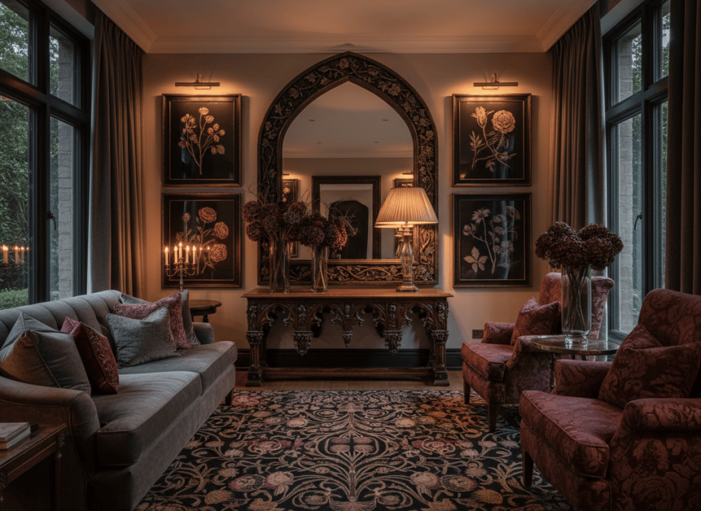 Elegant gothic living room with an arched mirror, carved wood and layered warm lighting.