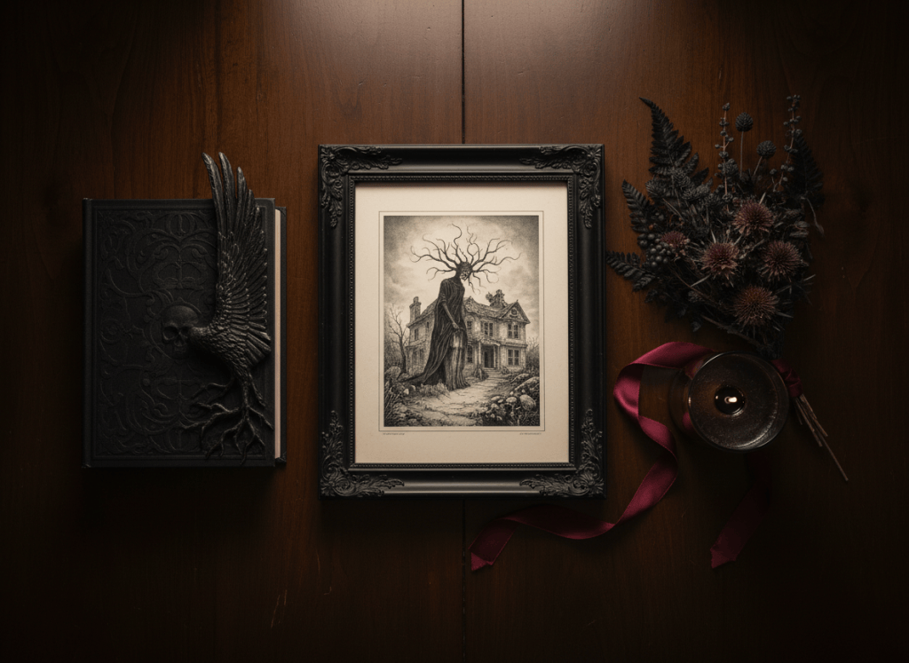 Tasteful horror gifts including a dark book, framed art, candle and sculptural accents.
