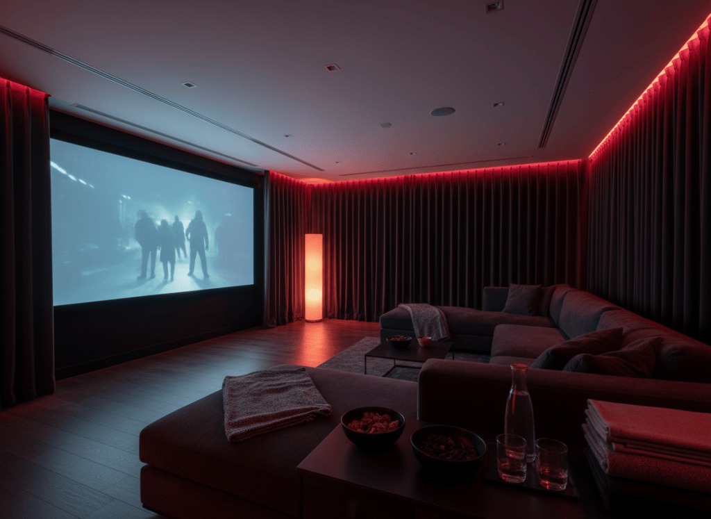 Moody home theater prepared for a horror movie night with subtle crimson ambient light.