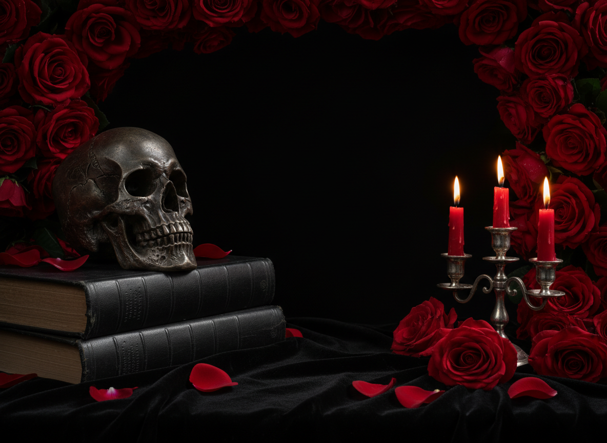 Crimson roses, antique skull, black books and candles in a dark gothic still life.