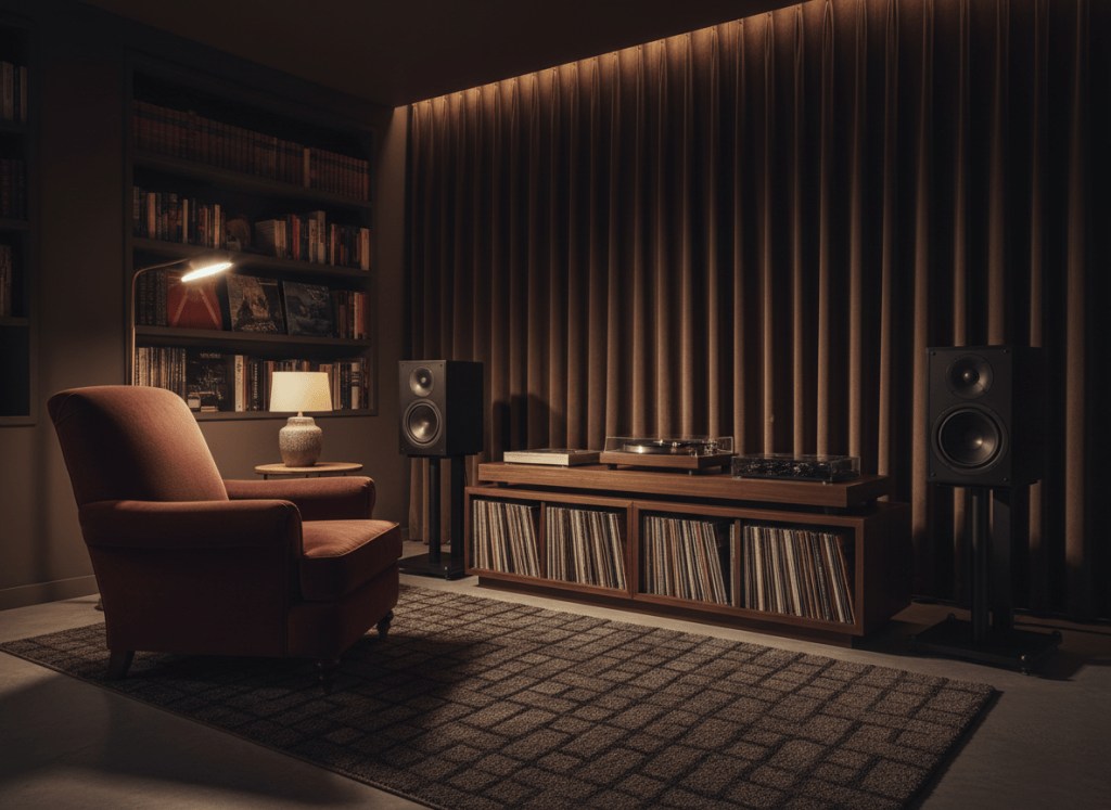 Moody listening room with speakers, turntable, record storage and layered lighting.